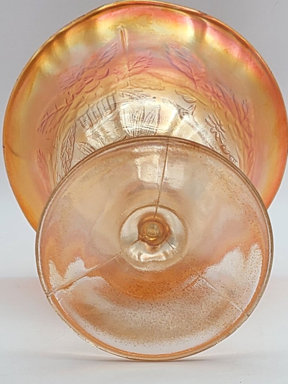 Fenton Antique Peacock Urn Compote Marigold Carnival Glass 5.5" - Picture 6 of 11